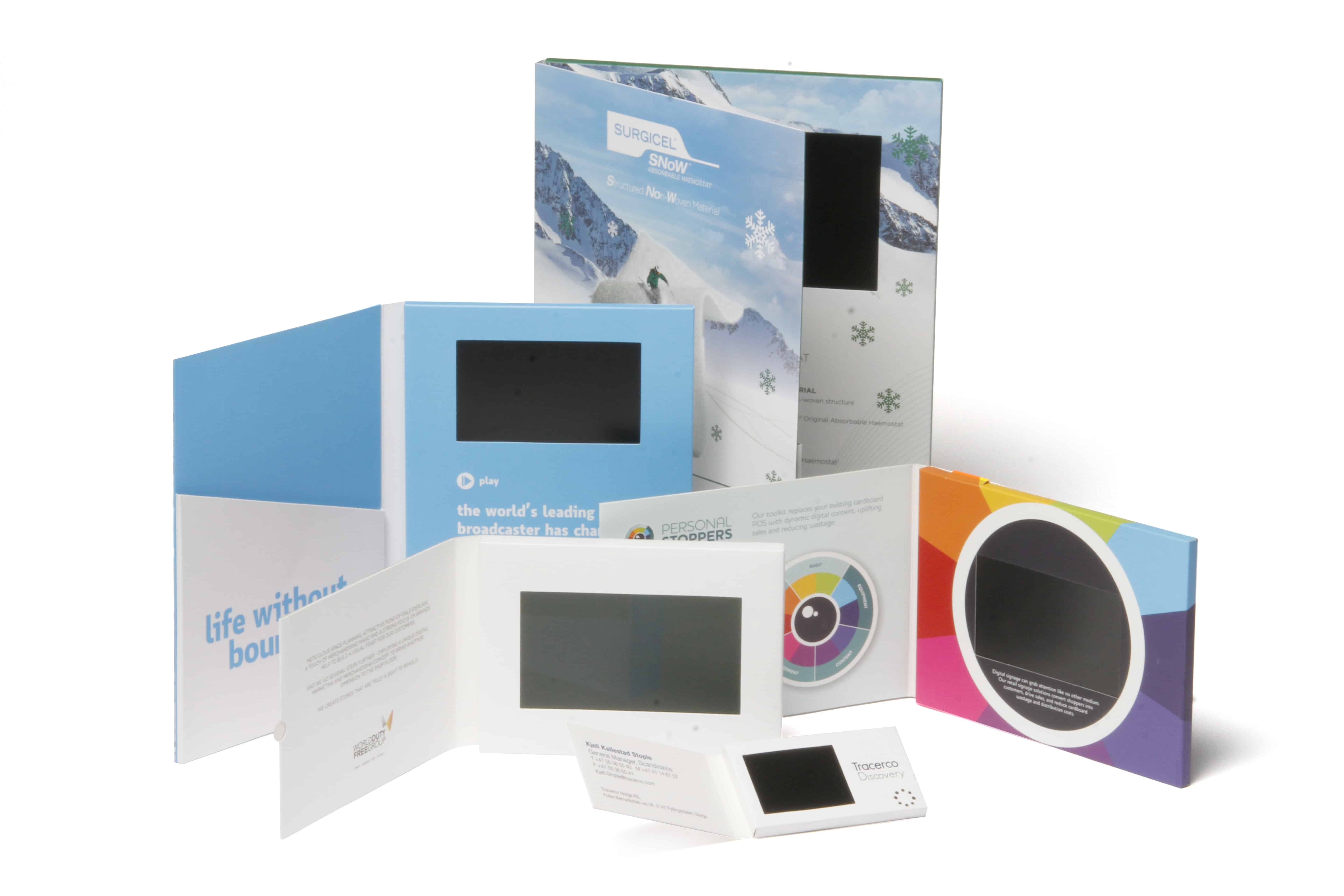 This image shows a group of video brochures ranging in screen size from 2.4" to 10.0".